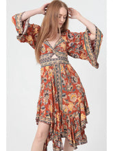 Angie C4H25-FR39 V Neck Twist Front Cut Out Wide Sleeves Hanky Hem Dress