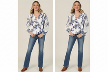 Angie C2E26-A924 V Neck Floral Print Lace Sleeve Detail Blouse