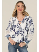 Angie C2E26-A924 V Neck Floral Print Lace Sleeve Detail Blouse
