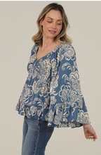Angie C2584-A888 Smocked Bust Wide Flare Bell Sleeve Printed Top