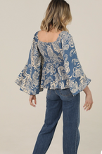 Angie C2584-A888 Smocked Bust Wide Flare Bell Sleeve Printed Top
