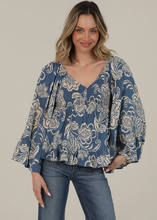 Angie C2584-A888 Smocked Bust Wide Flare Bell Sleeve Printed Top