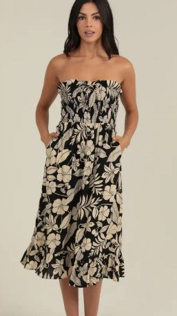Angie Smocked Bodice Strapless Midi Dress Blk & Cream