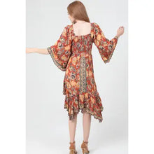 Angie C4H25-FR39 V Neck Twist Front Cut Out Wide Sleeves Hanky Hem Dress